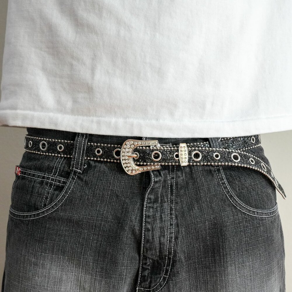 y2k black rhinestone western buckle glitter belt — 2000s glam rock style